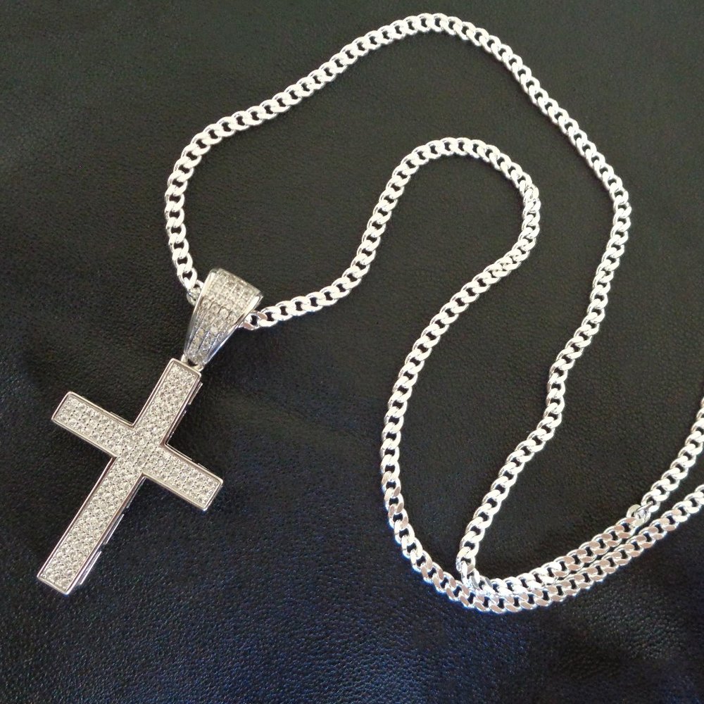 925 Sterling Silver Cross Pendant Necklace, Diamond Simulant Pave Cross Pendant